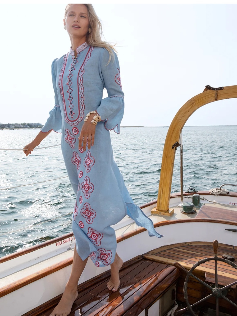 ASHA Ashley McCormick Skye Kaftan Embroidered Linen Blue Red White S